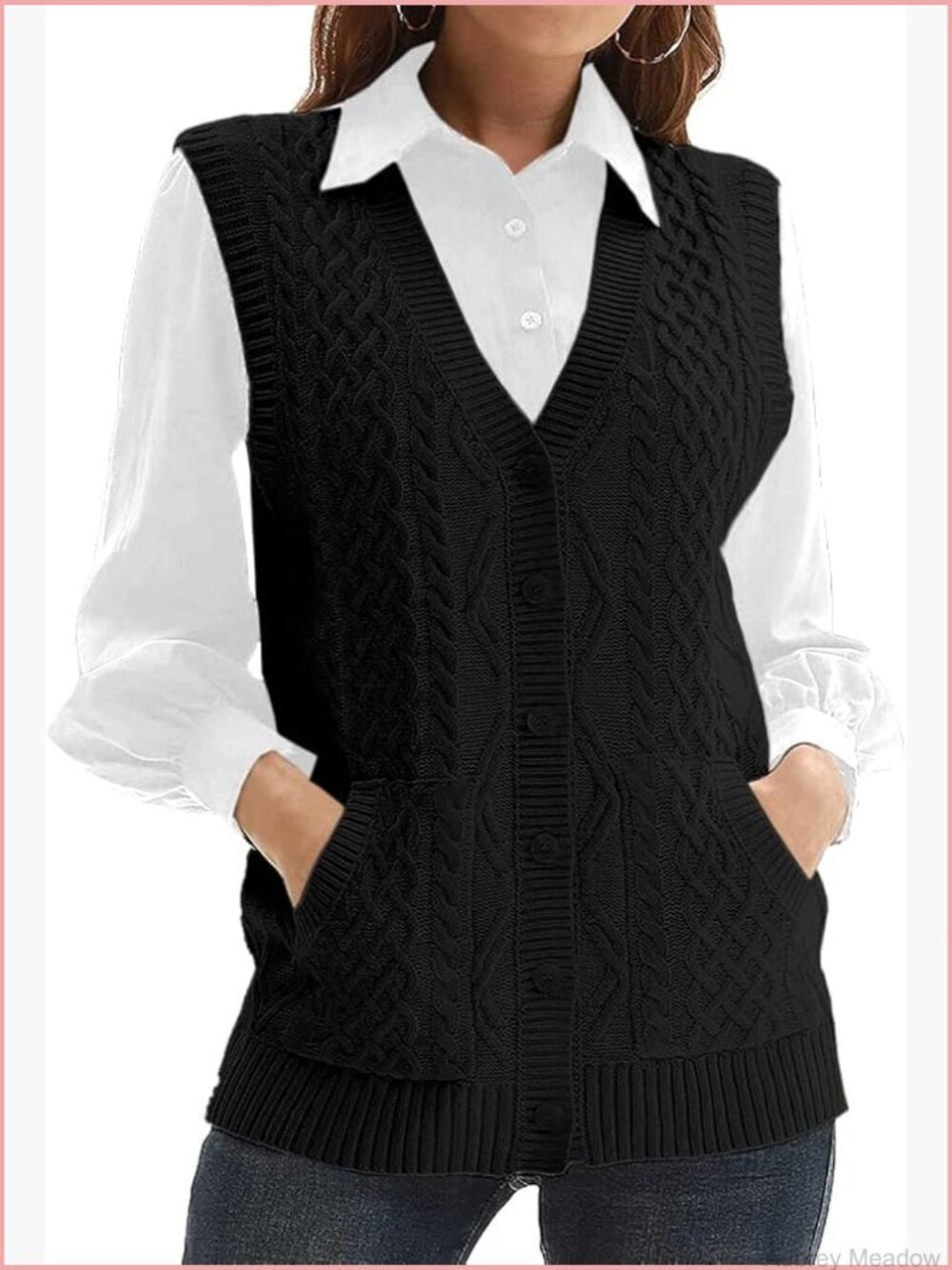 Knit Sweater Vest V Neck Sleeveless Button Down Cardigan Cable Knit Pocket